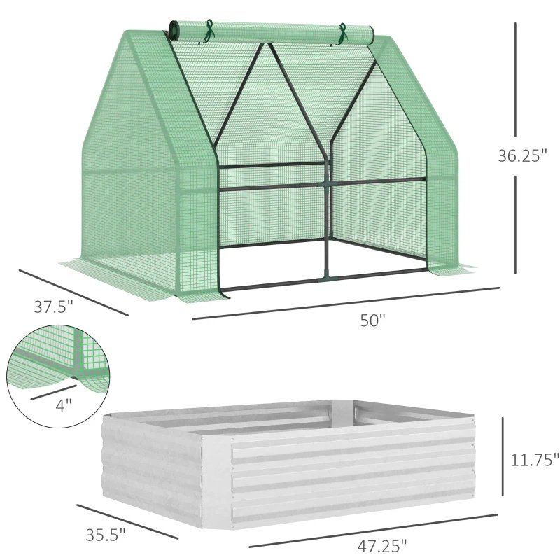 4 X 3 X 3ft Raised Garden Bed With Mini Greenhouse, Galvanized Raised Garden Bed With Cover For Herbs And Vegetables, Small Greenhouse For Patio Garde
