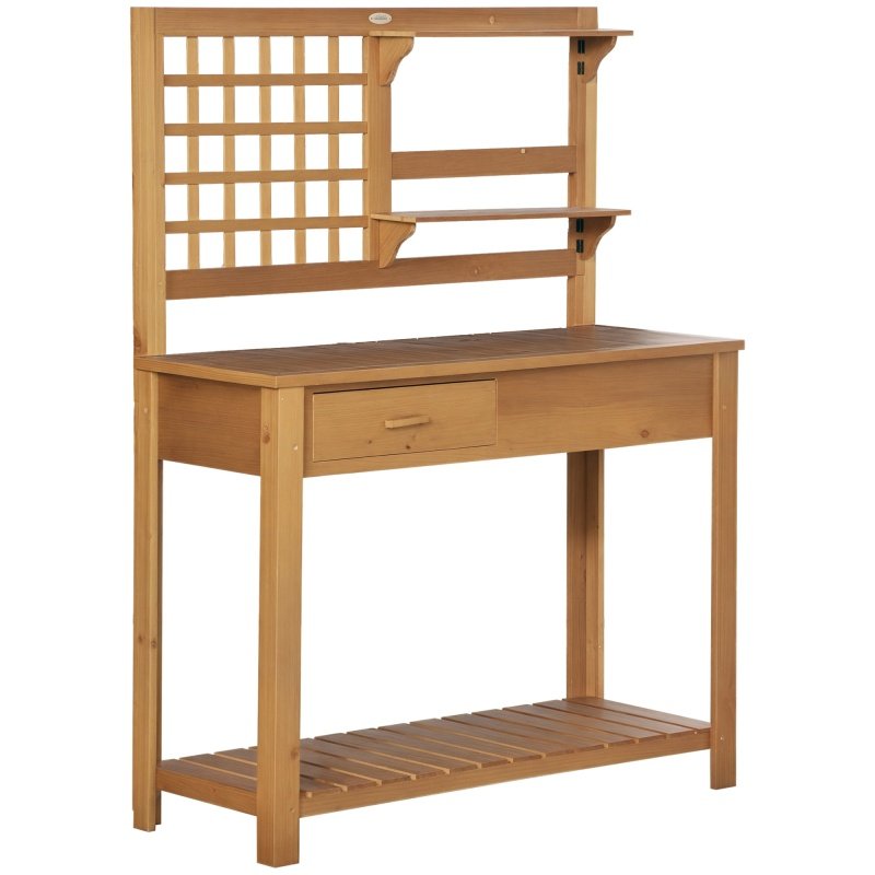 Potting Bench Table, Garden Work Bench, Outdoor Wooden Workstation with Tiers of Shelves and Drawer for Patio, Courtyards, Balcony, Brown