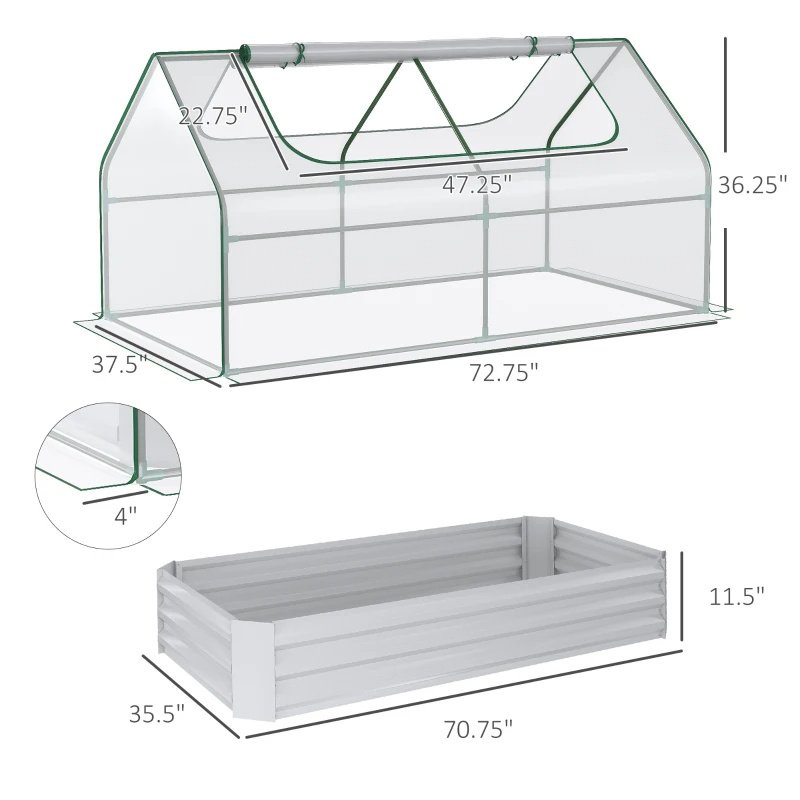 6 X 3 X 1ft Raised Garden Bed With Mini Greenhouse, Galvanized Raised Garden Bed With Cover For Herbs And Vegetables, Small Greenhouse For Patio Garde