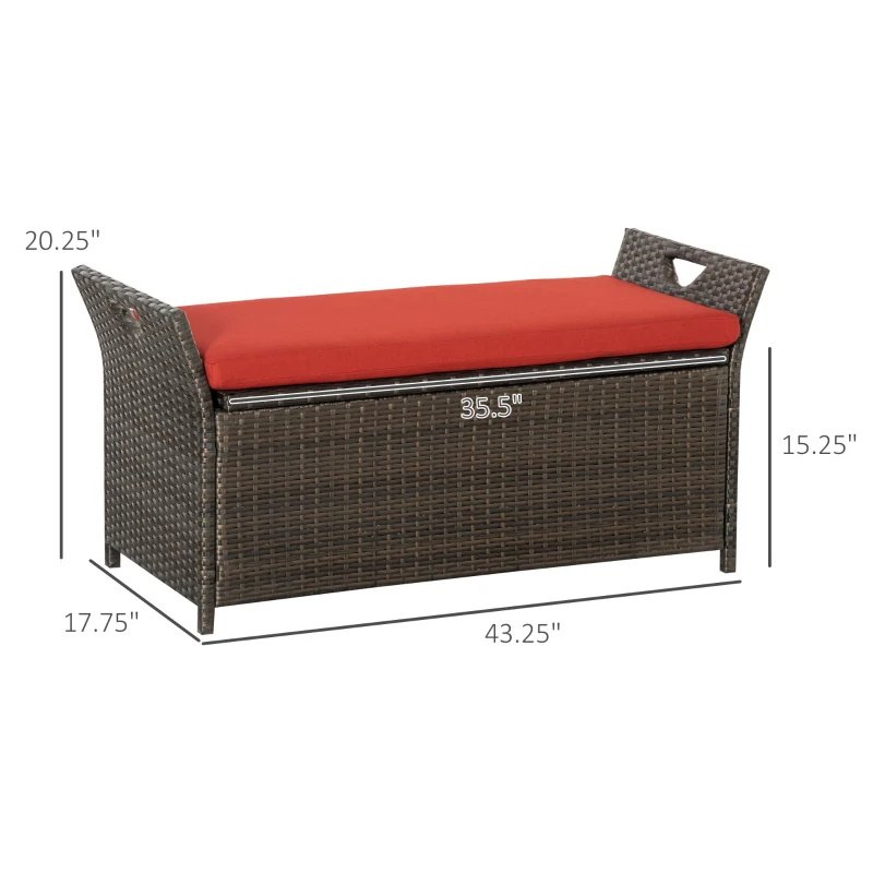 29 Gallon Patio Wicker Storage Bench, Outdoor PE Rattan Patio Furniture, 2-In-1 Large Capacity Rectangle Garden Storage Box With Handles And Cushion,