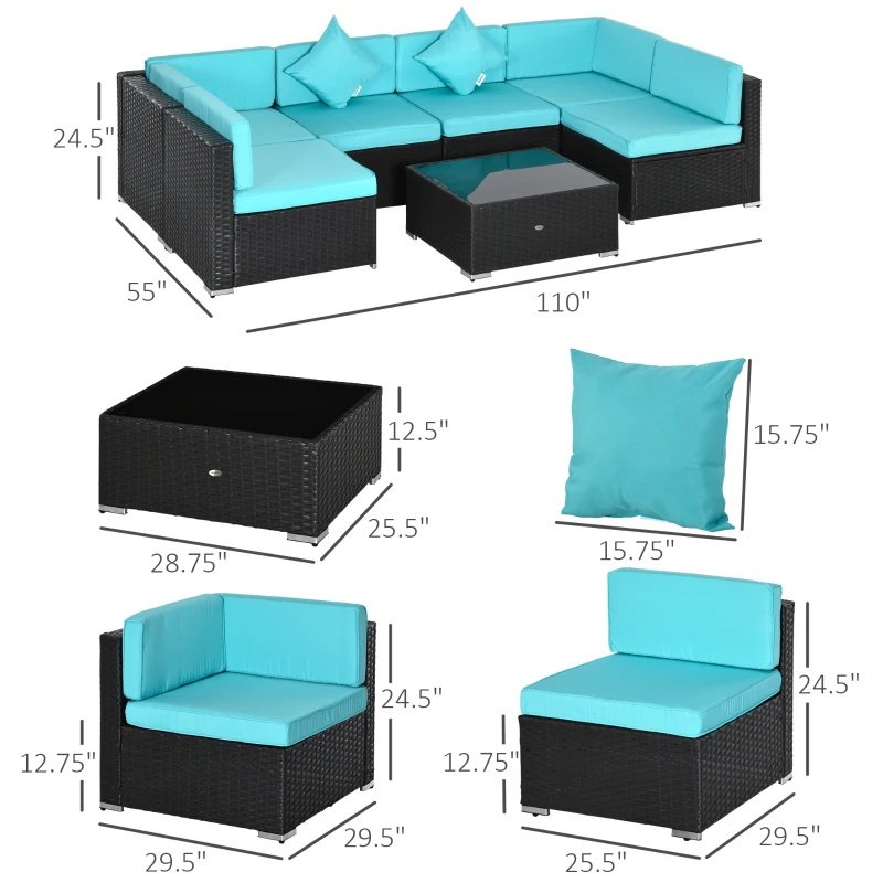 7-Piece Patio Furniture Set, Outdoor Wicker Conversation Set, All Weather PE Rattan Sectional Sofa Set With Cushions And Tempered Glass Top Coffee Tab