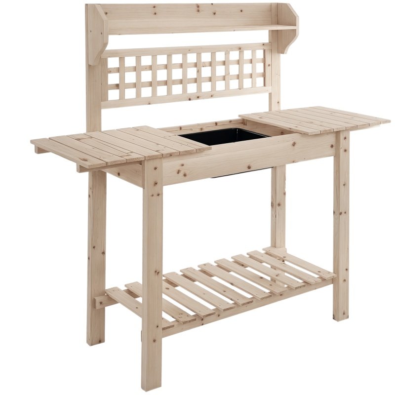 Outdoor Potting Bench Table, Wooden Workstation with Sliding Tabletop, Storage Shelf and Dry Sink, for Greenhouse, Garden, Patio, Natural