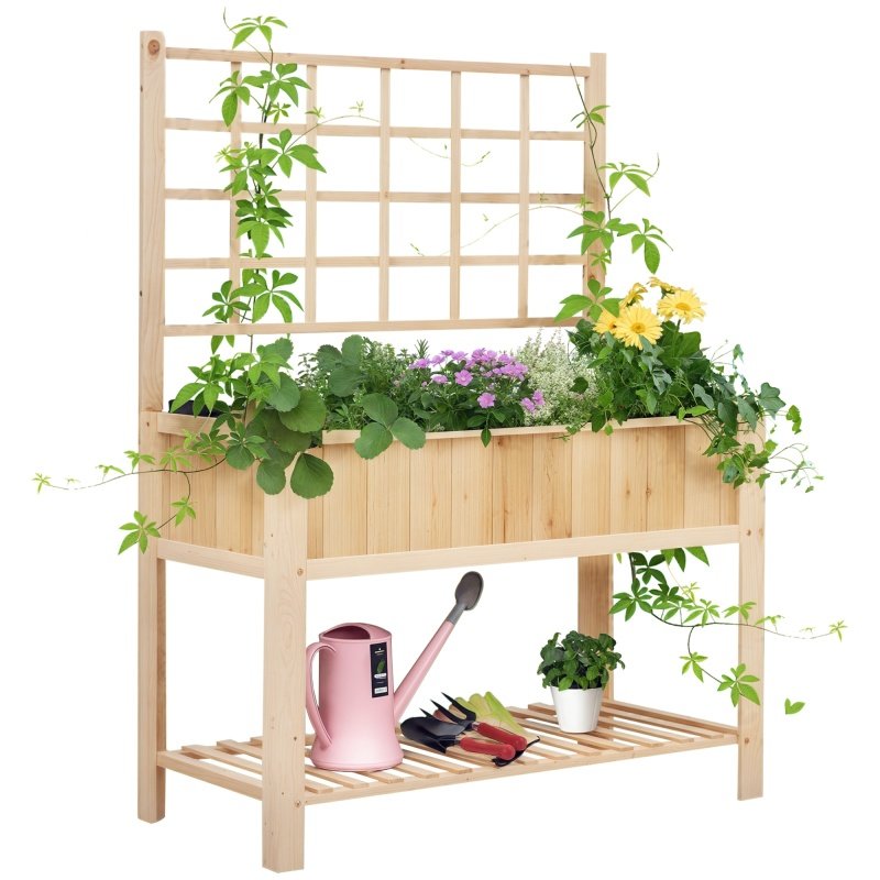 47'' Wooden Raised Garden Bed with Trellis, Coutryside Style Elevated Planter Box Stand with Open Storage Shelf, Spacious Planting Area for Vegetable