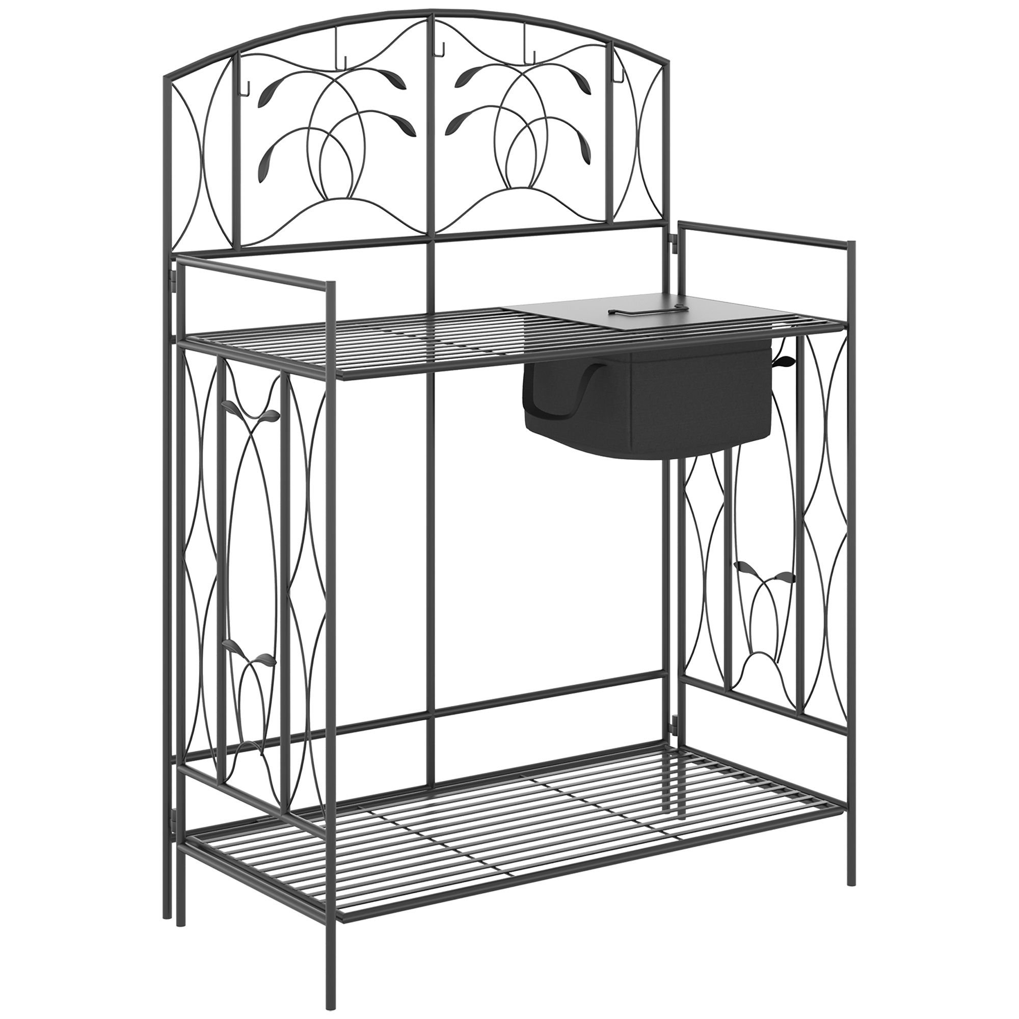 Outsunny Folding Potting Bench Table, Metal Garden Workstation, Work Bench with Large Built-in Bag with Cover, 5 Hanging Hooks & Storage Shelf