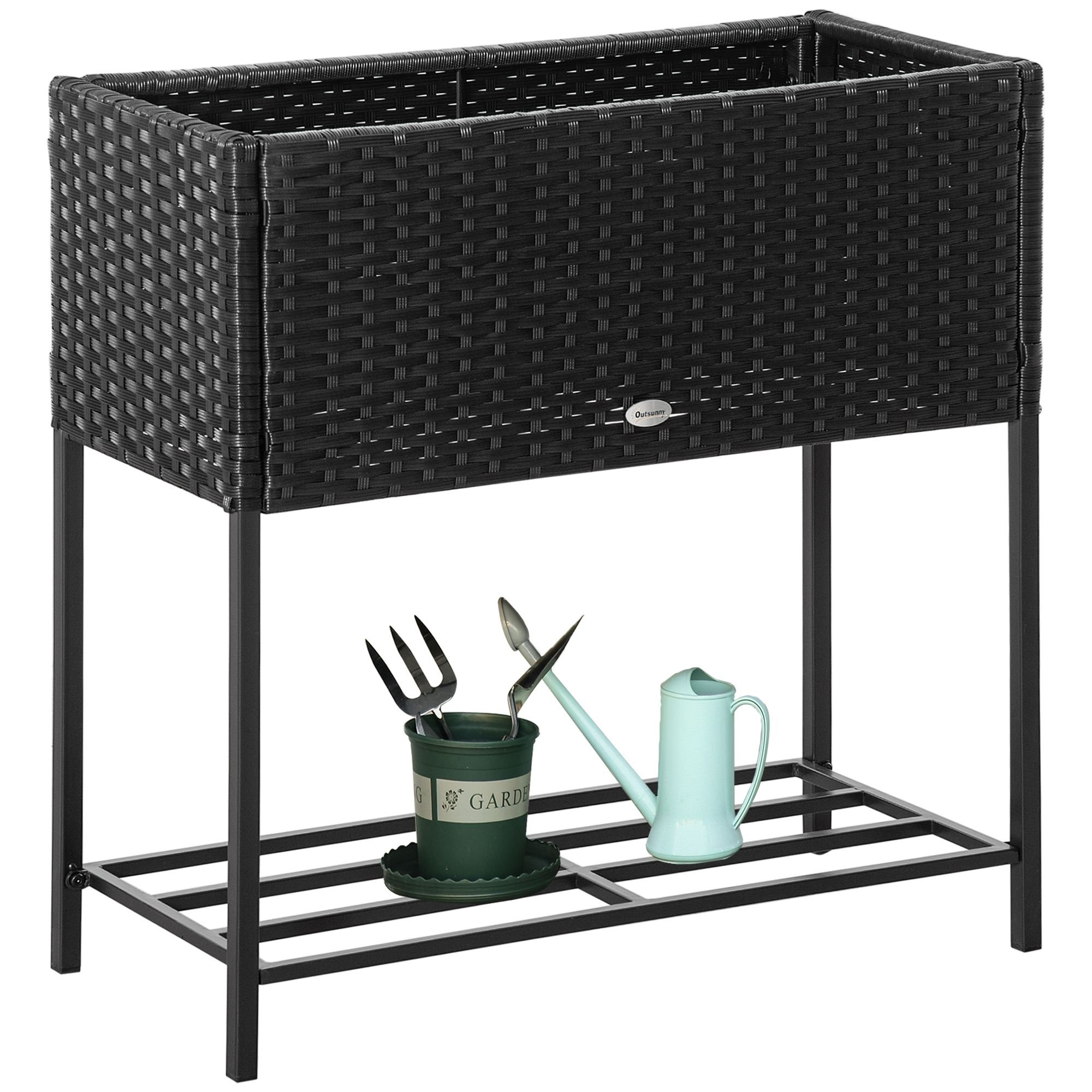 Outsunny Elevated Metal Garden Bed with Rattan Look and Tool Storage, Modern Design, Black