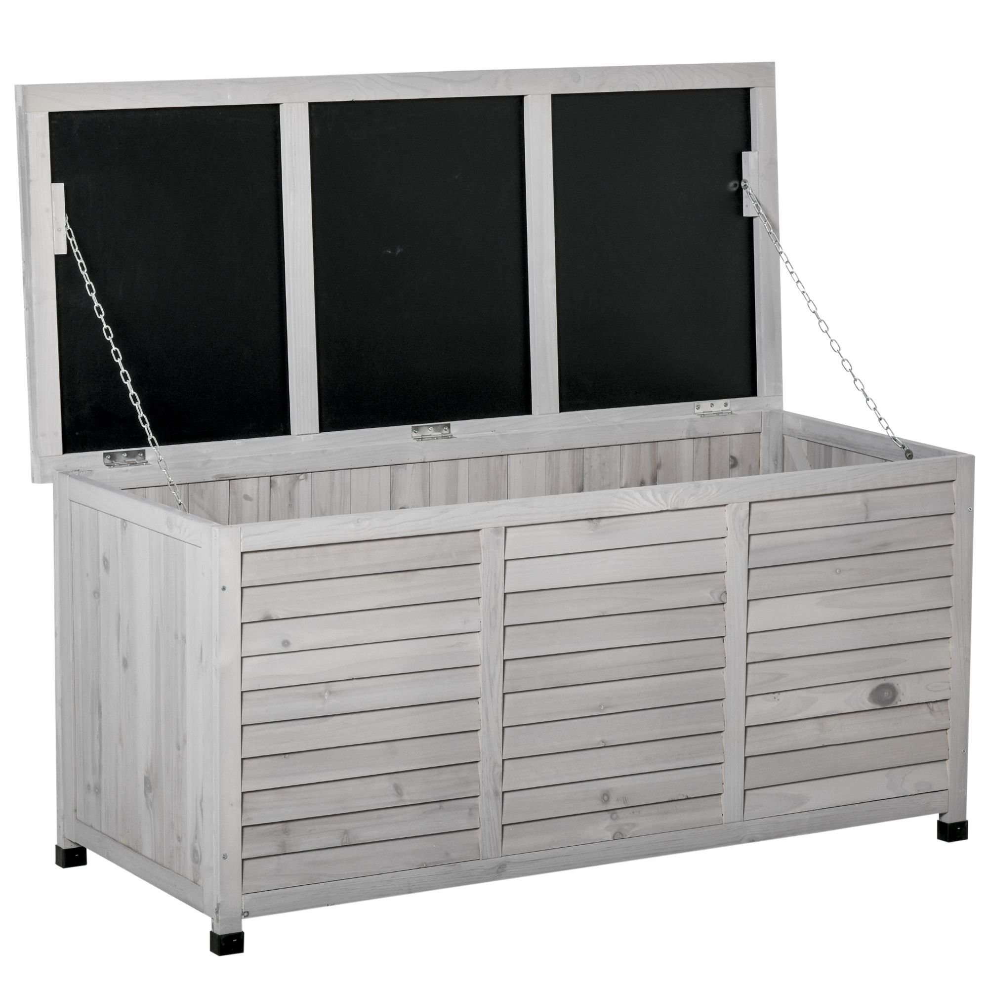 Outsunny 75 Gallon Deck Storage Box Wooden Outdoor Furniture Aerating Gap Weather-Resistant Gray