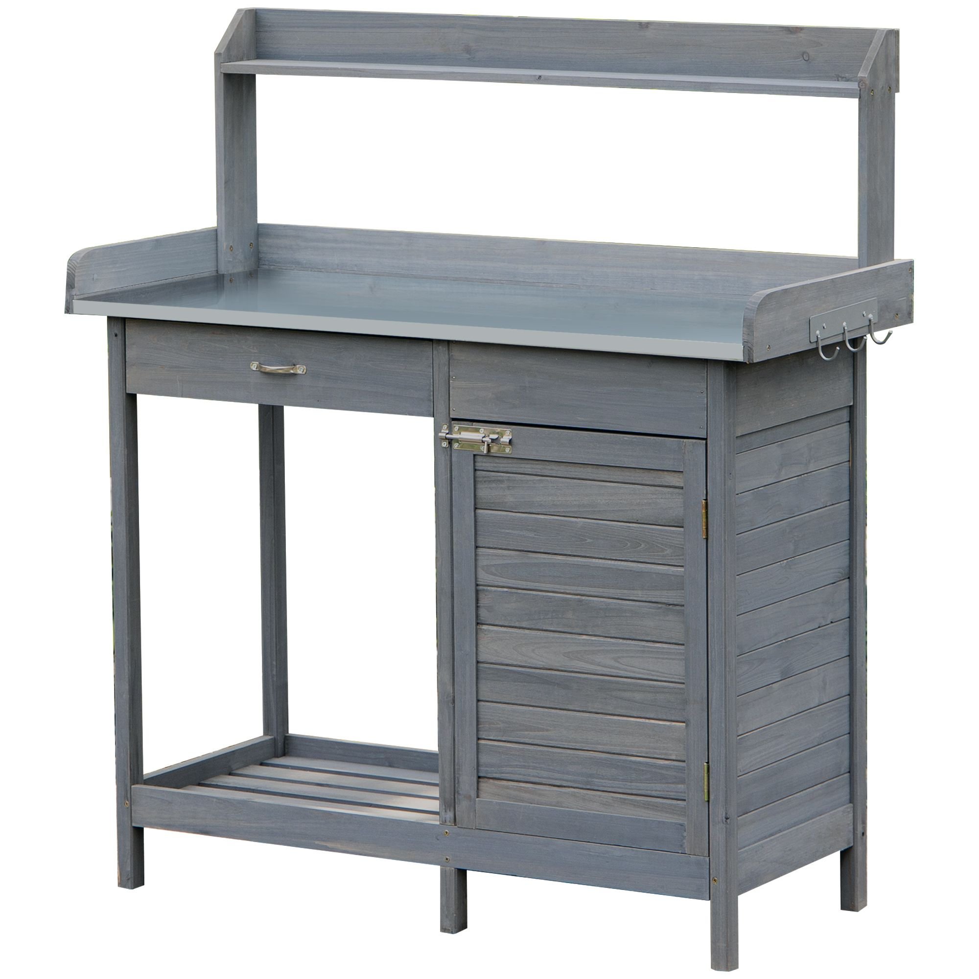 Potting Bench Table Grey with Storage Cabinet Open Shelf Steel Tabletop Garden Workstation