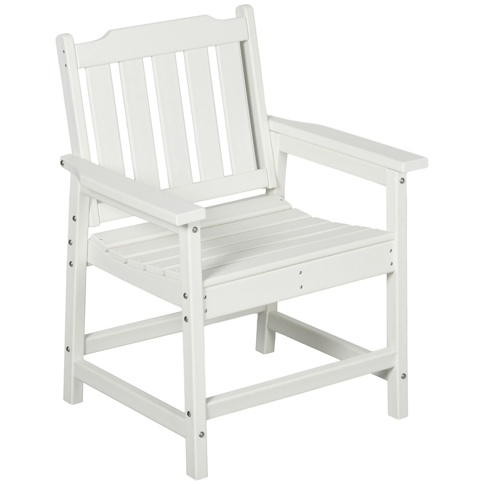 Outdoor Dining Chair Plastic Patio Armchair with Armrests Slatted Back White for Lawn Garden Poolside