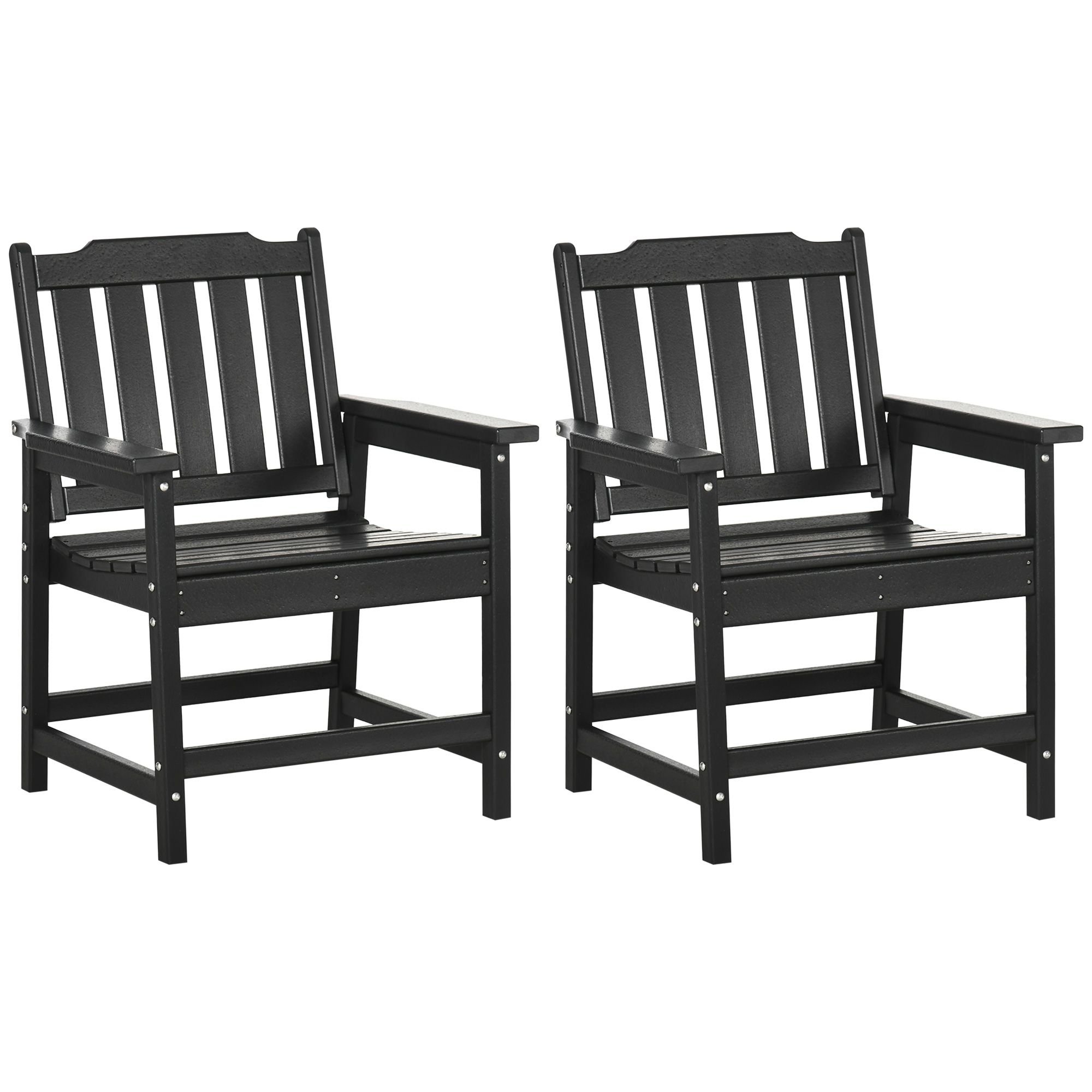 2 Pieces HDPE Outdoor Chair Black Garden Chair Set with Armrests Slatted Back for Patio Lawn Poolside