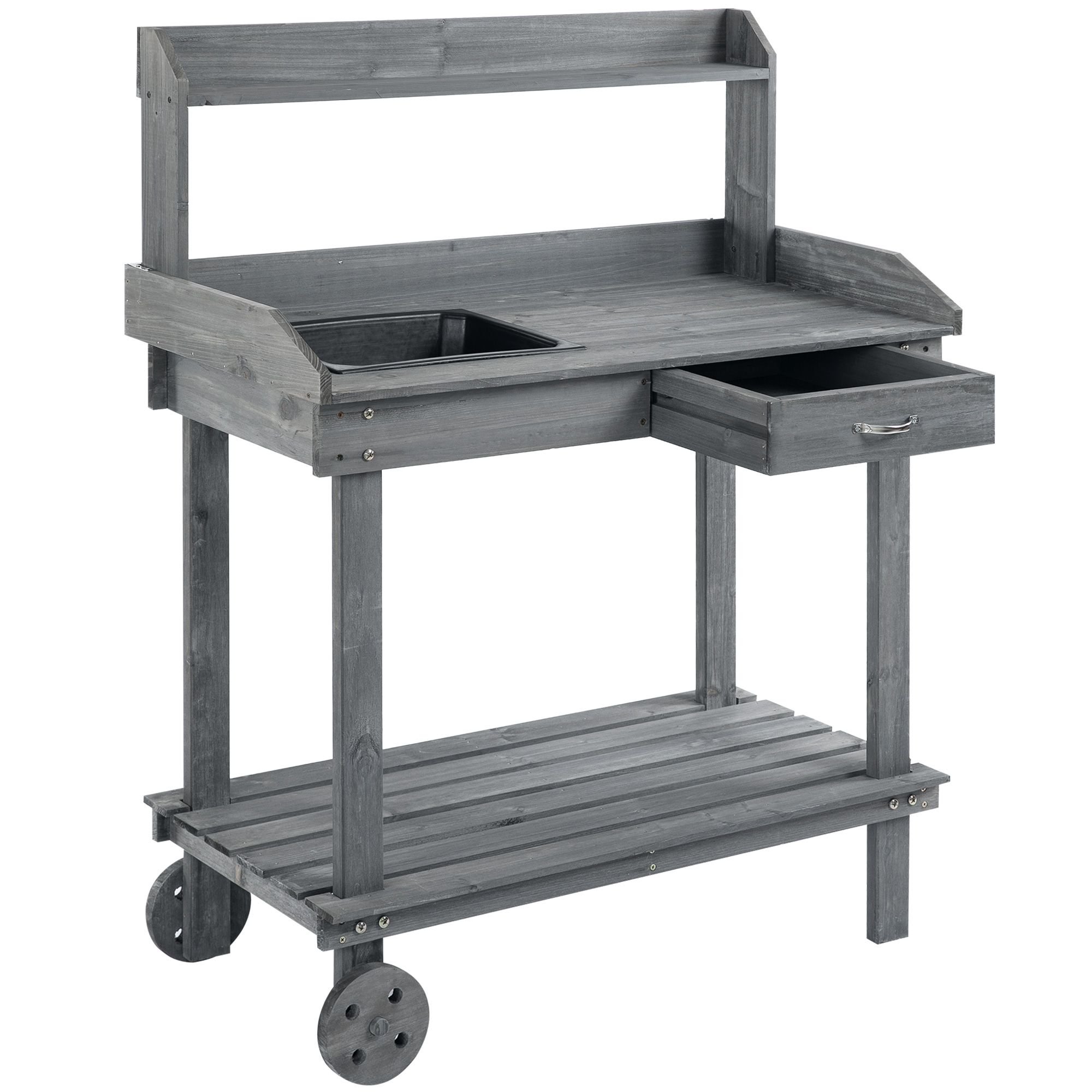 Potting Bench with Wheels Sink Drawer Storage Spaces Wooden Gray