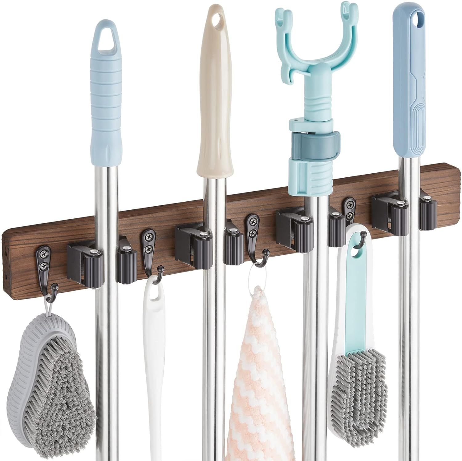 Mop and Broom Holder Wall Mount - Rustic Wood Broom Mop Hanger - Wall Mounted Garden Tool Rack Organizer for Closet Garage Laundry Room Kitchen D