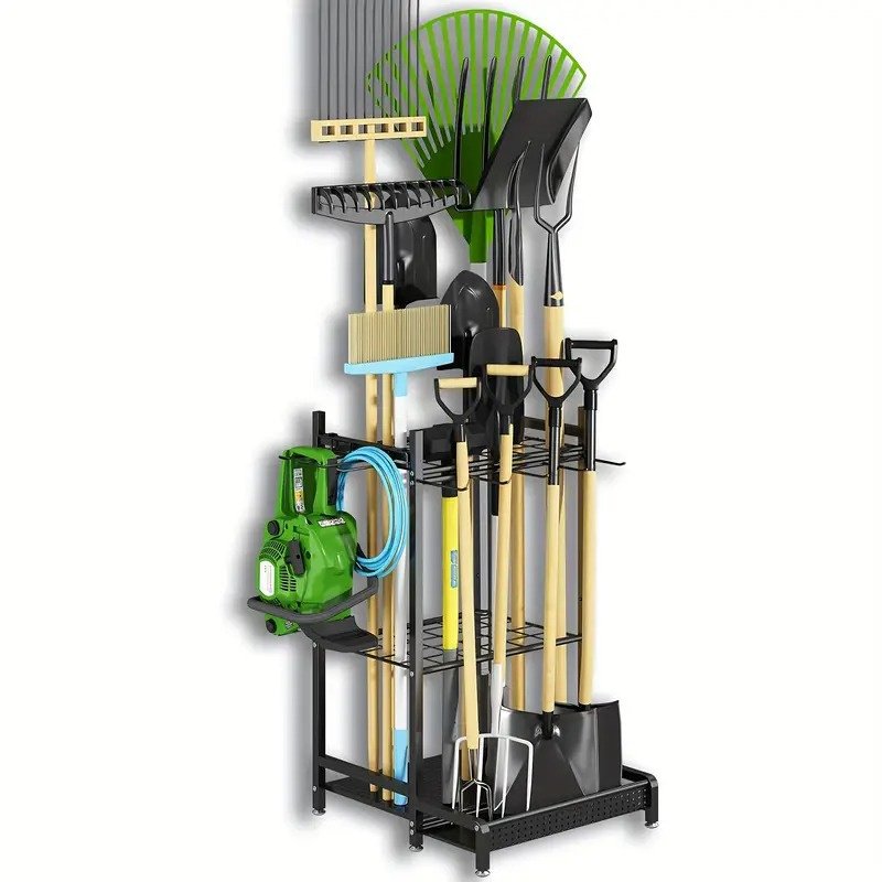 Heavy Duty Garden Tool Organizer Rack with Hooks – Metal Yard Storage Stand for Long-Handled Tools Brooms Shovels Rakes – Durable Outdoor Tool Holder