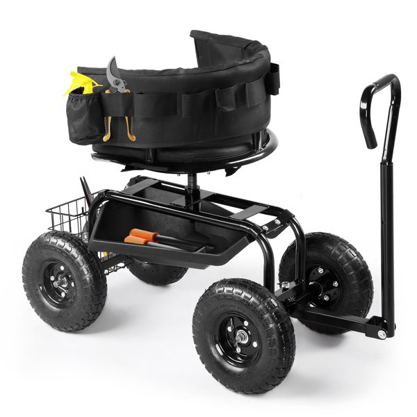 Rolling Garden Cart with Cushioned Backrest & Seat, Outdoor Gardening Stool for Planting