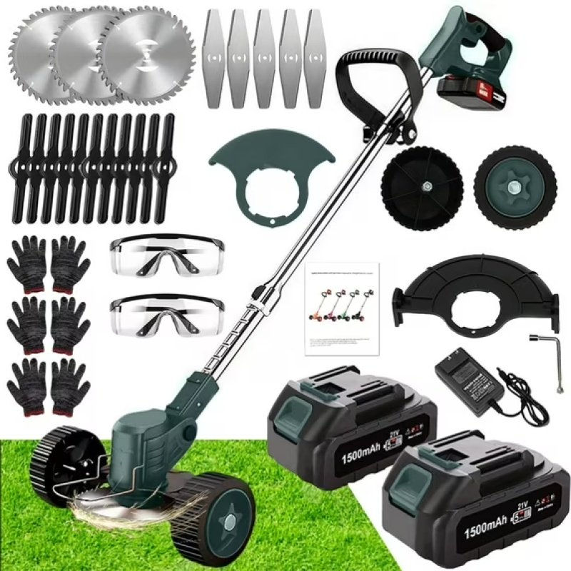 21V Electric Weed Eater With Wheels,Cordless Battery Weed Wacker With Charger, 2Batteries,3 In 1 Brush Cutter String Trimmer Grass Trimmer Lawn Mower, (Option: Green)