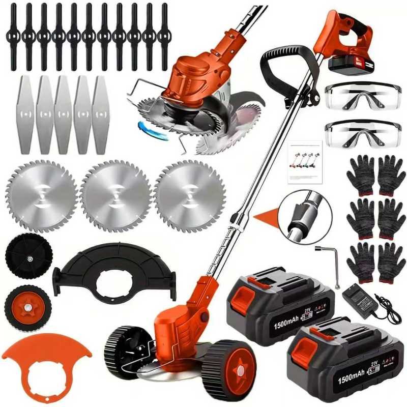 21V Electric Weed Eater With Wheels,Cordless Battery Weed Wacker With Charger, 2Batteries,3 In 1 Brush Cutter String Trimmer Grass Trimmer Lawn Mower, (Option: RED)