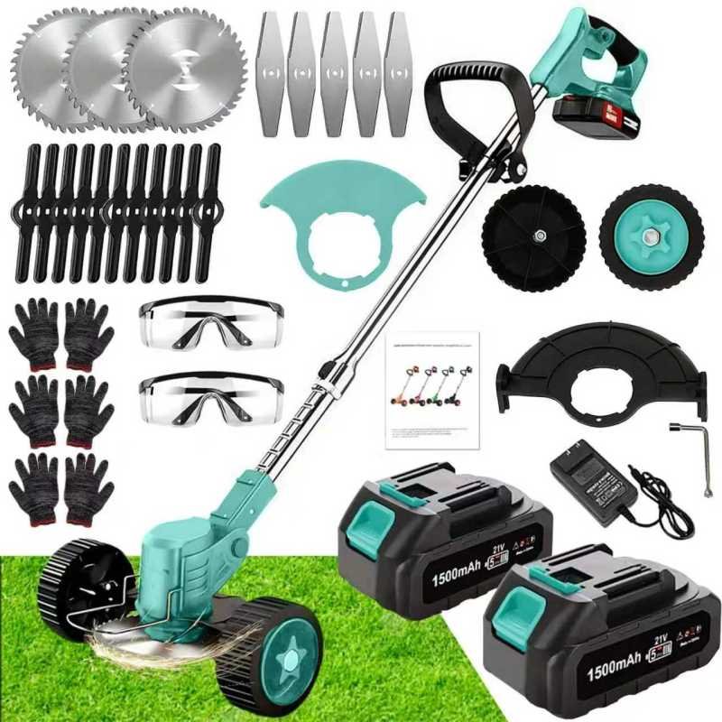 21V Electric Weed Eater With Wheels,Cordless Battery Weed Wacker With Charger, 2Batteries,3 In 1 Brush Cutter String Trimmer Grass Trimmer Lawn Mower, (Option: Tiffany blue)
