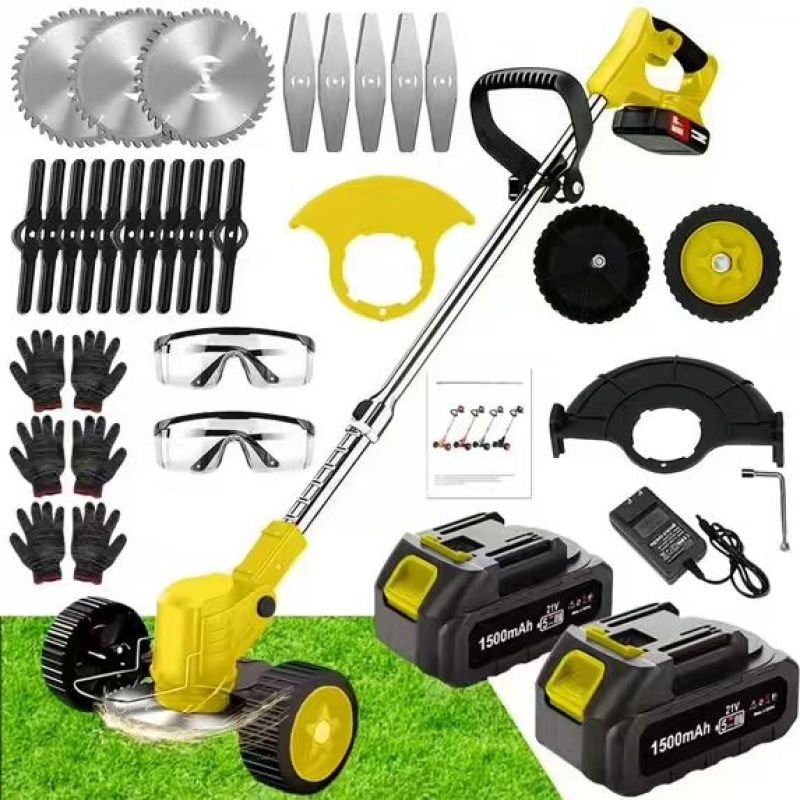 21V Electric Weed Eater With Wheels,Cordless Battery Weed Wacker With Charger, 2Batteries,3 In 1 Brush Cutter String Trimmer Grass Trimmer Lawn Mower, (Option: Yellow)
