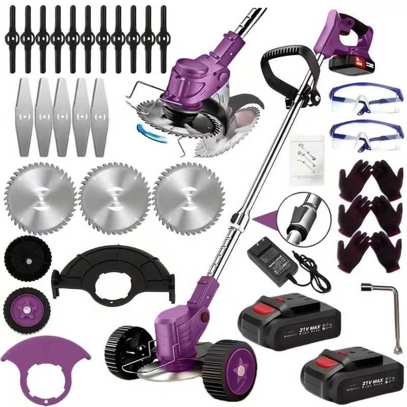 21V Electric Weed Eater With Wheels,Cordless Battery Weed Wacker With Charger, 2Batteries,3 In 1 Brush Cutter String Trimmer Grass Trimmer Lawn Mower, (Option: PURPLE)