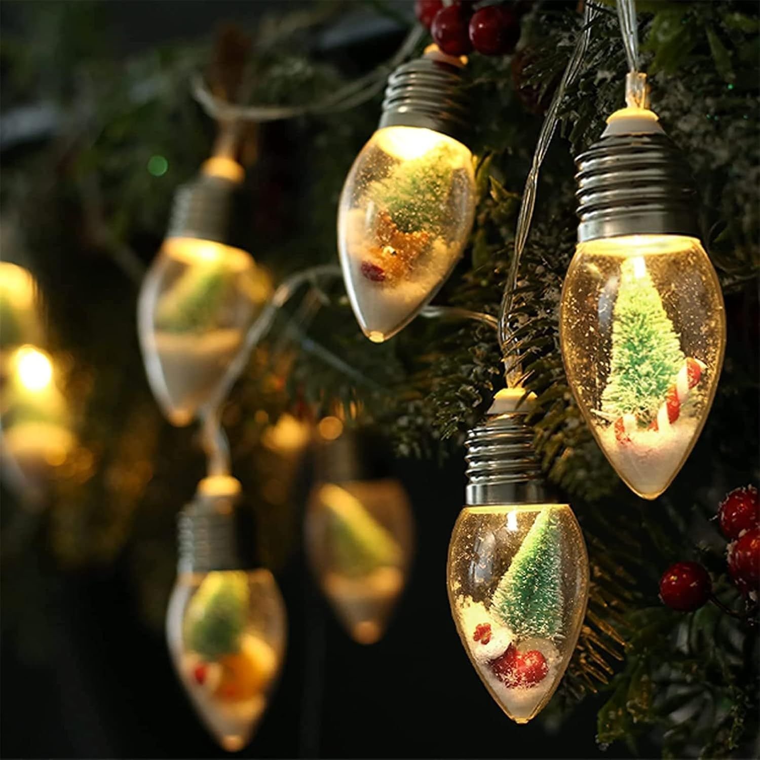 6.6FT Christmas Vintage Decor String Light - 10LED Snow Globe Bulbs String Lights with Tree & Snow & Cute Ornaments Christmas Indoor decorations for H (Color: Warm White)