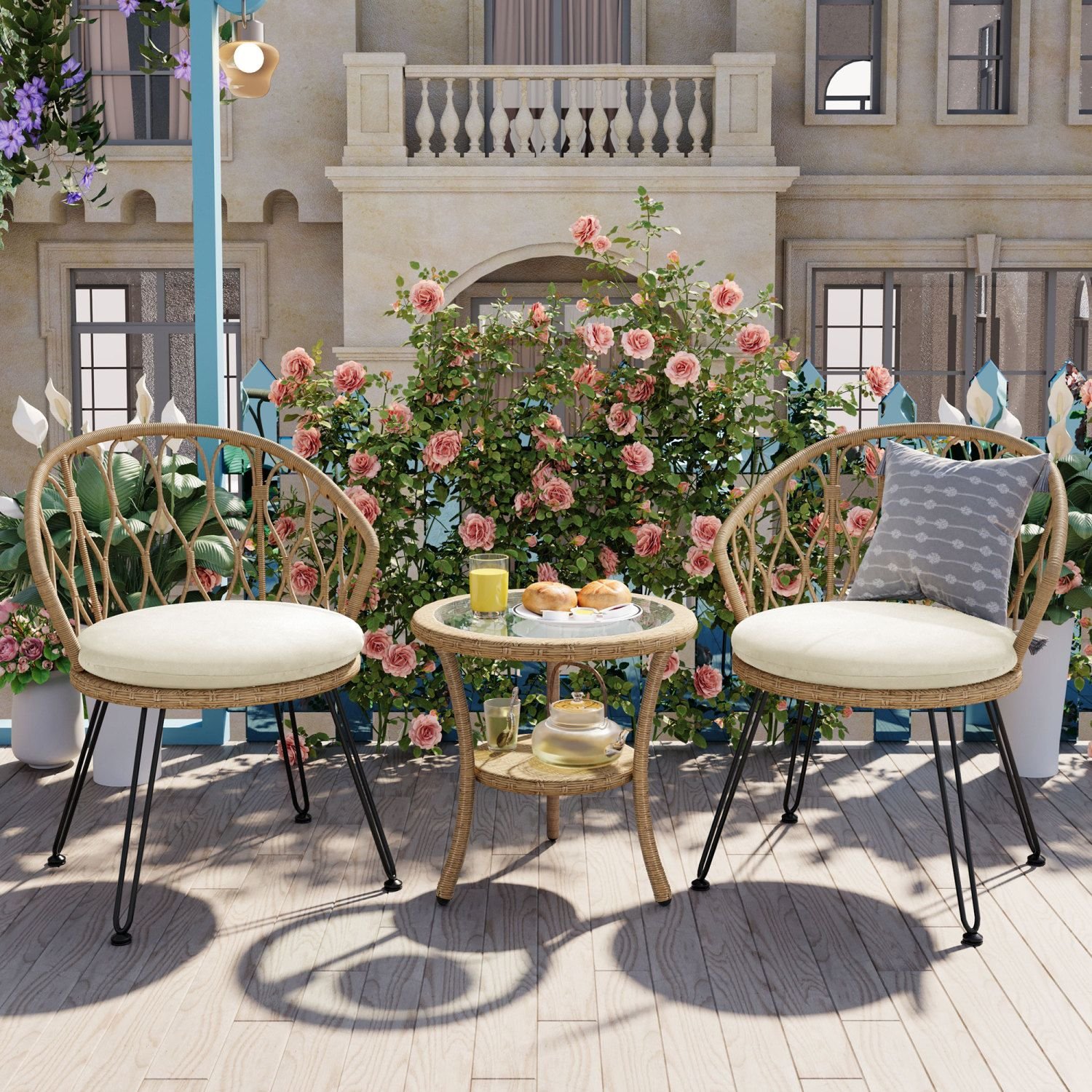 U_STYLE Outdoor Leisure Set, 2 Rattan Single Chairs with A Glass Round Table, Perfectly Suited for Patios, Balconies, and Courtyards (Color: as Pic)