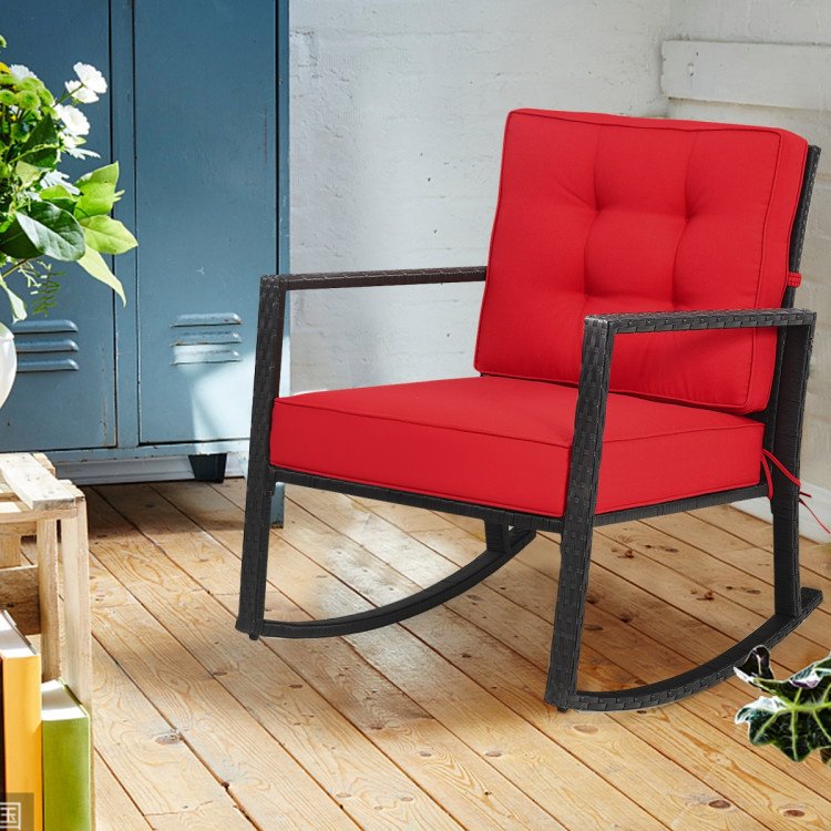 Patio Rattan Rocker Outdoor Glider Rocking Chair Cushion Lawn (Color: Red)