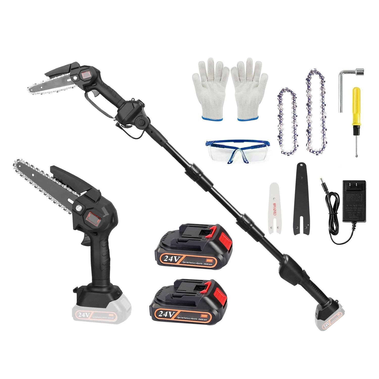2-in-1 Cordless Pole Saw & Mini Chainsaw Electric Mini Chainsaw Length Adjustable Cordless Chain Saw with 2Pcs 1500mAh Batteries 4in/6in Chains for Tr (Type: Saw)