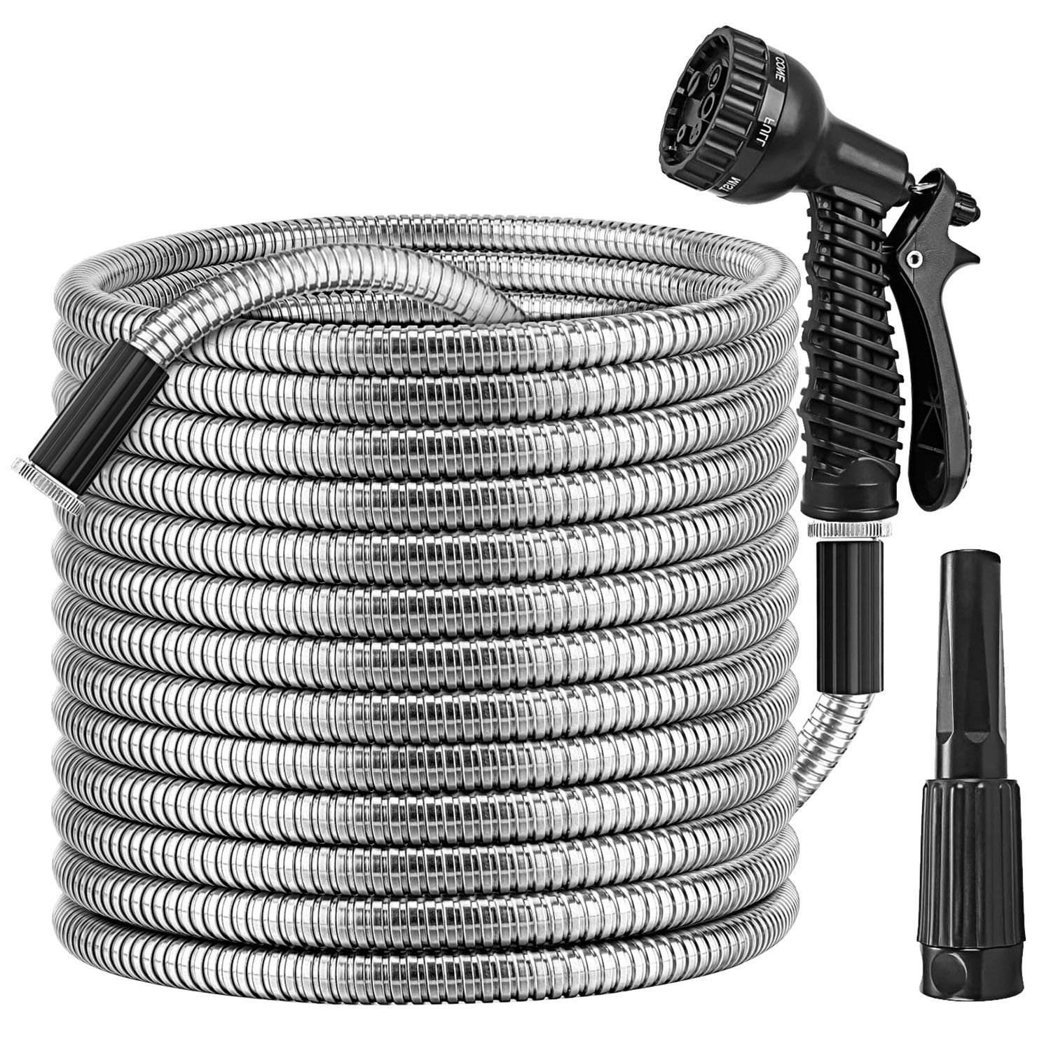 25FT/50FT/100FT Heavy Duty Stainless Steel Garden Hose Garden Watering Kit Metal Water Hose with 2 Nozzles 12 Patterns Flexible Extendable Kink T (Length: 100ft)