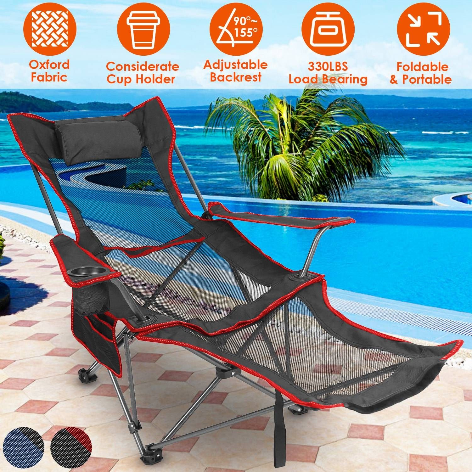 Foldable Camping Chair Collapsible Reclining Chair 330LBS Load Heavy Duty Steel Lawn Chair with Reclining Backrest Angle Cup Holder Pillow Side Pocket (Color: Black)