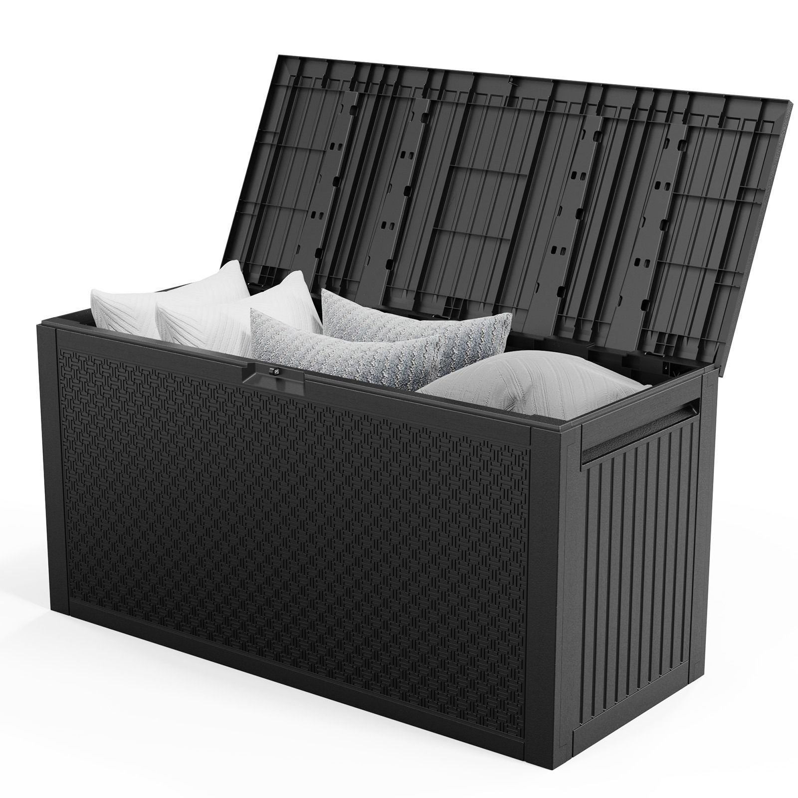 90 Gallon Black Plastic Storage Deck Box with Maze Texture Injection Molded Outdoor Patio Storage Container for Garden Tools Cushions Pool Suppli (Color: Black)