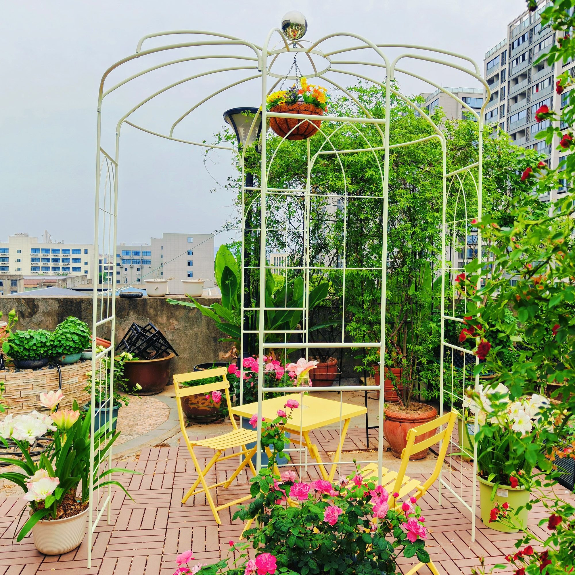 Metal Garden Arch Iron Garden Arbors Gazebo Dia81.3'' x 114.2'' High Birdcage Shape Pergola Pavilion for Wedding Ceremony Outdoor (Color: CREAM WHITE)