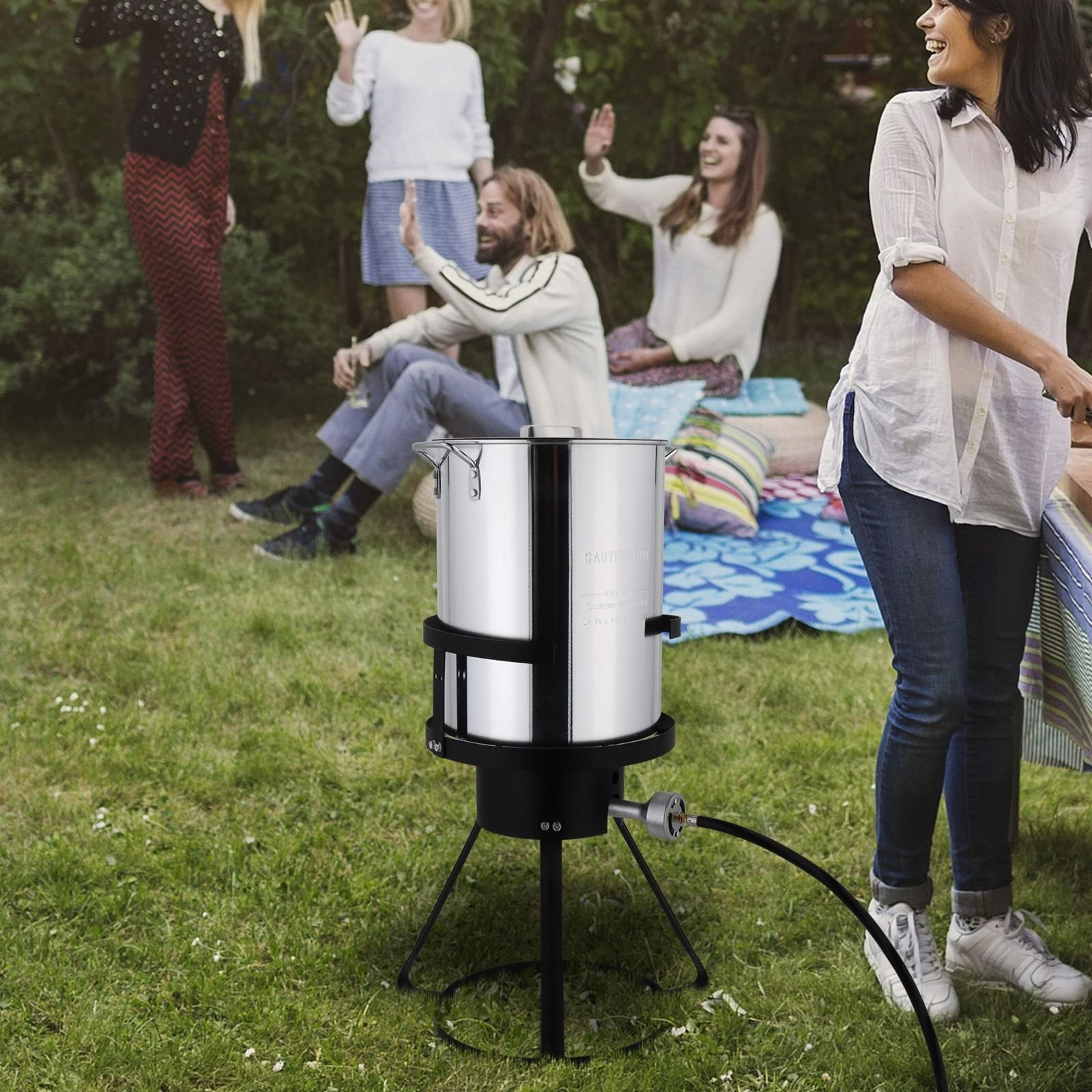 30QT Propane Turkey Fryer Set Silver Aluminum Pot with Black Round Iron Stand Outdoor Gas Deep Fryer Kit for Frying Turkey Seafood and Boiling Crawfis (size: 2-Piece Set)