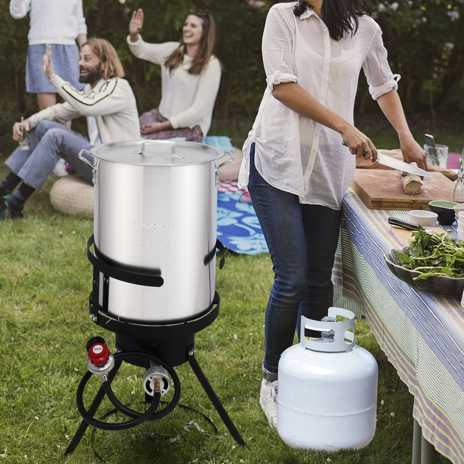 30QT Propane Turkey Fryer Set Silver Aluminum Pot with Black Round Iron Stand Outdoor Gas Deep Fryer Kit for Frying Turkey Seafood and Boiling Crawfis (size: 4-Piece Set)