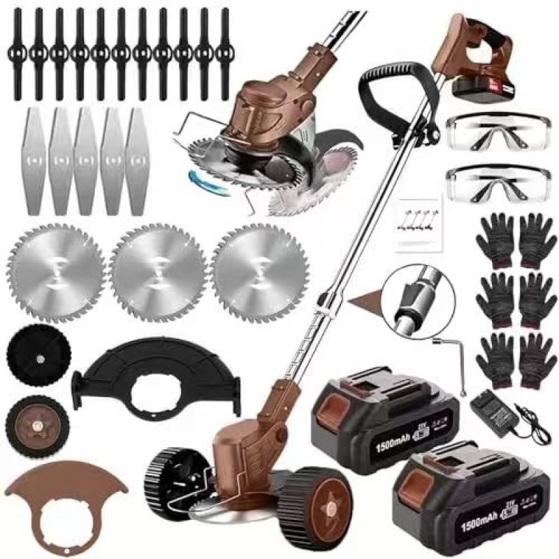 21V Electric Weed Eater With Wheels,Cordless Battery Weed Wacker With Charger, 2Batteries,3 In 1 Brush Cutter String Trimmer Grass Trimmer Lawn Mower, (Option: COFFEE)