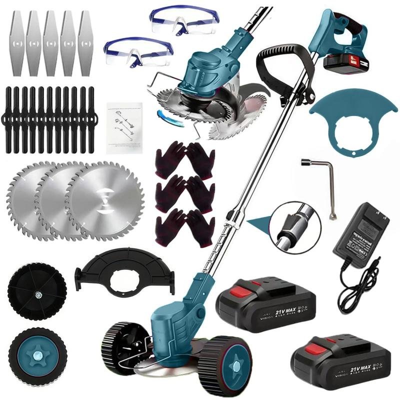 21V Electric Weed Eater With Wheels,Cordless Battery Weed Wacker With Charger, 2Batteries,3 In 1 Brush Cutter String Trimmer Grass Trimmer Lawn Mower, (Option: Blue)